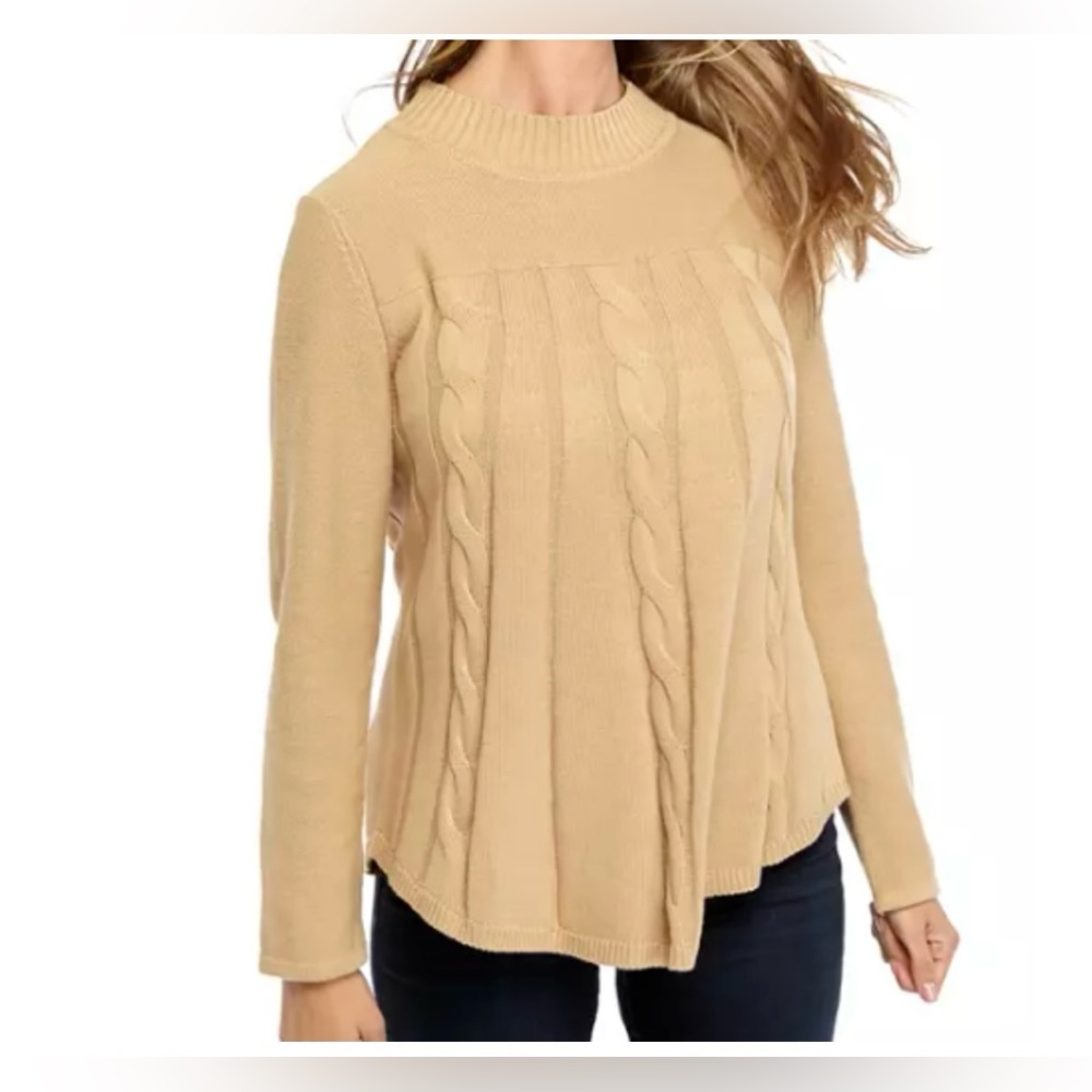Kim Rogers Long Sleeve Mock Neck Swing Cable knit Sweater Beige Tan Sz Small